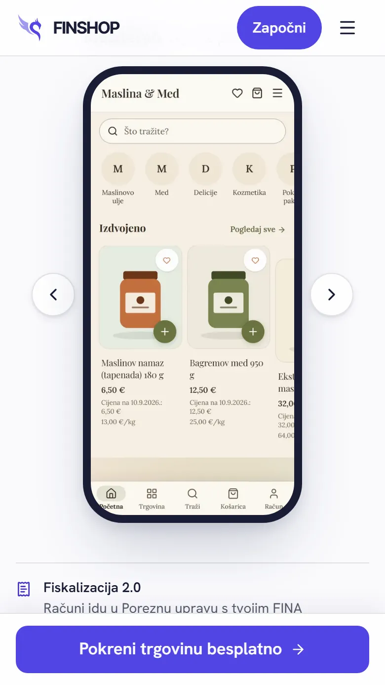 Predložak trgovine na FINSHOP-u na mobitelu: demo trgovina „Maslina & Med” s tražilicom, kategorijama i izdvojenim proizvodima, uz cijenu i cijenu na dan 10. 9. 2026.