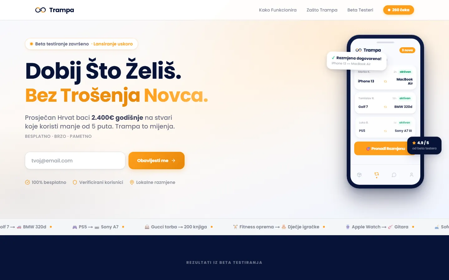 Početna stranica platforme Trampa na računalu: naslov „Dobij što želiš. Bez trošenja novca.”, polje za e-mail s gumbom „Obavijesti me” i prikaz aplikacije na mobitelu s popisom ponuđenih razmjena.